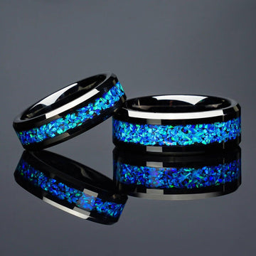 New Arrival 6/8mm Ocean Blue Opal Black Tungsten Wedding Couple Rings Set For Him And Her - Fine Jewellery Rings - The Jewellery Supermarket